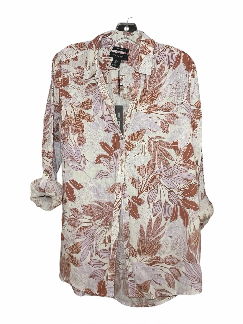 NWT Tahari Size Large Linen Tropical Leaf Print Tunic with Roll-Tab Sleeve